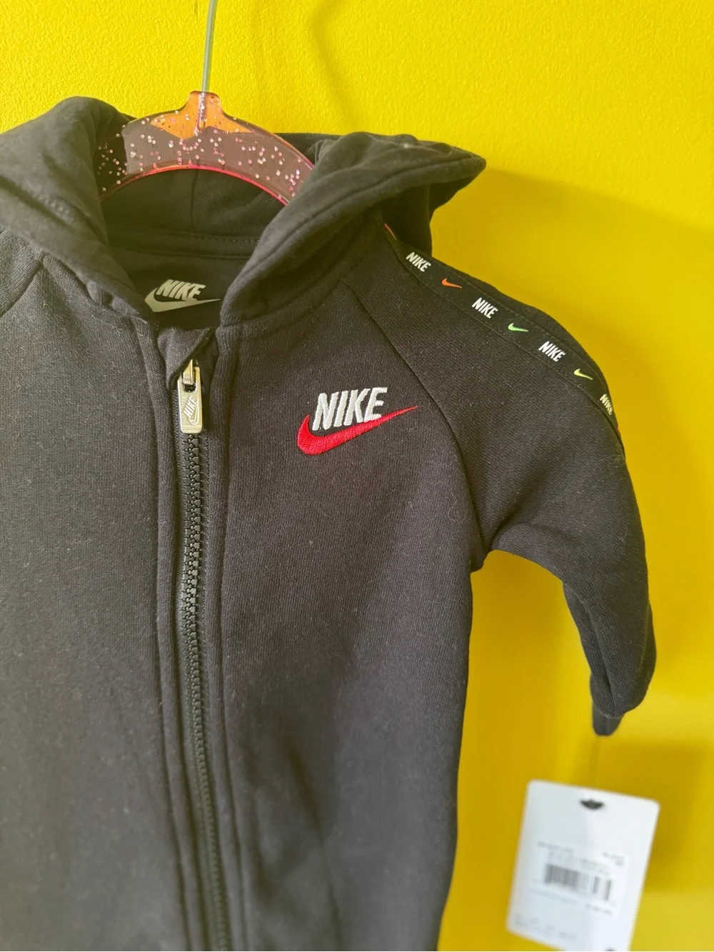 +NWT Nike Hooded Fleece Coverall Pram Black Red Swoosh Baby 3M